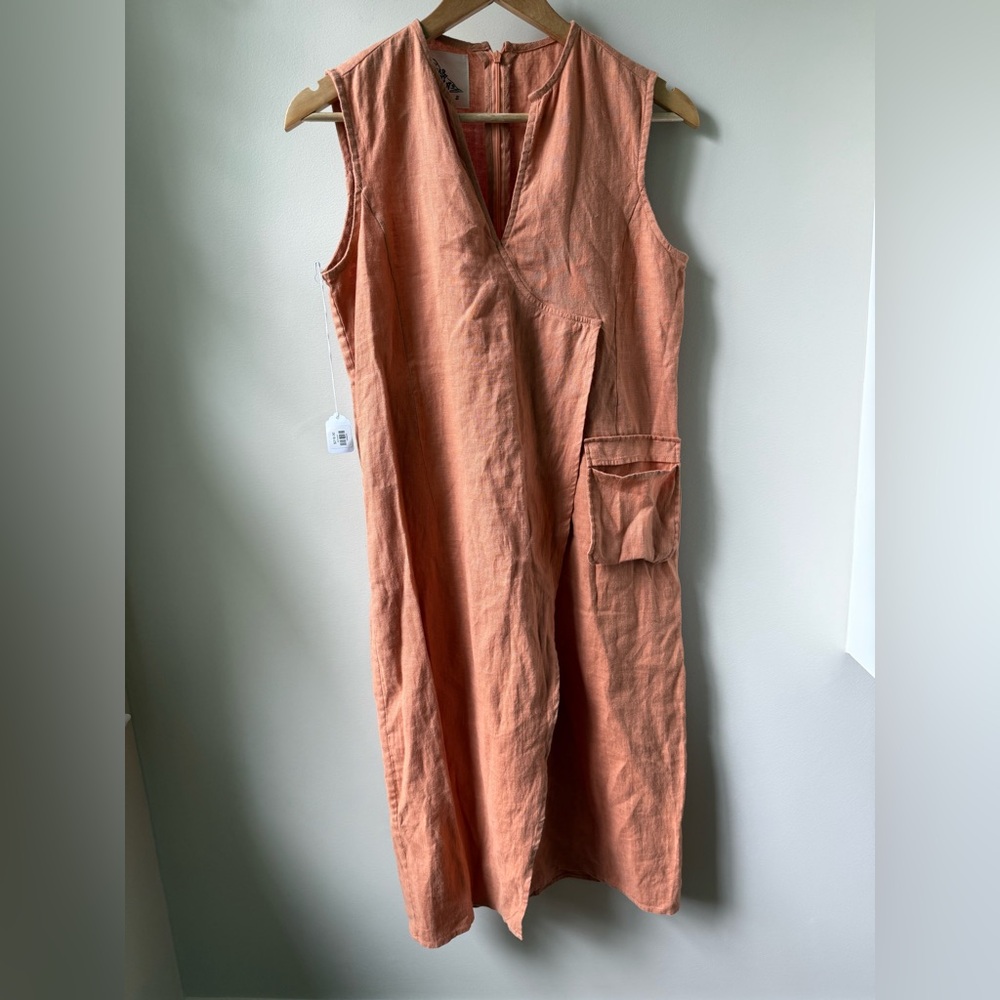 SUGAR‎ CANDY MOUNTAIN Linen Lagenlook Midi Boho Dress Faux Wrap Crunchy S